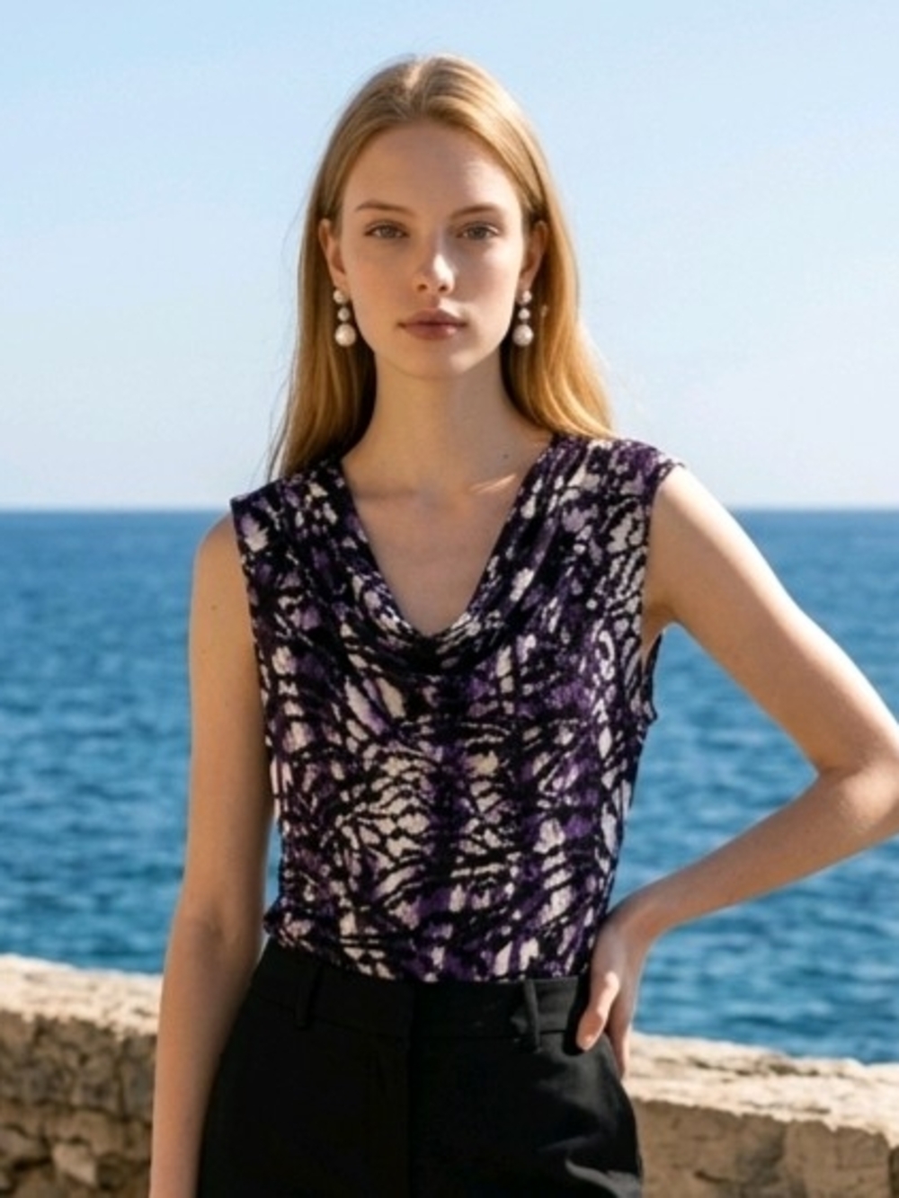Alfani Purple, Black, White Abstract Print Sleeveless Draped Cowl Neckline M EUC